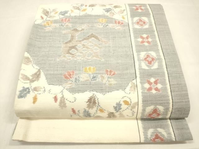 平和屋着物●両面　全通柄袋帯　小千谷紬　　有栖川花間道　正絹　逸品　DABA6036op 平和屋着物○両面 全通柄袋帯 小千谷紬 有栖川文様 間道 正絹 逸品