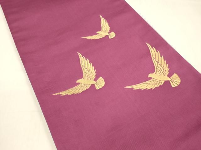 平和屋着物○染色作家 斉藤三才 両面 太鼓柄袋帯 作家物 三才鳥 中紅色