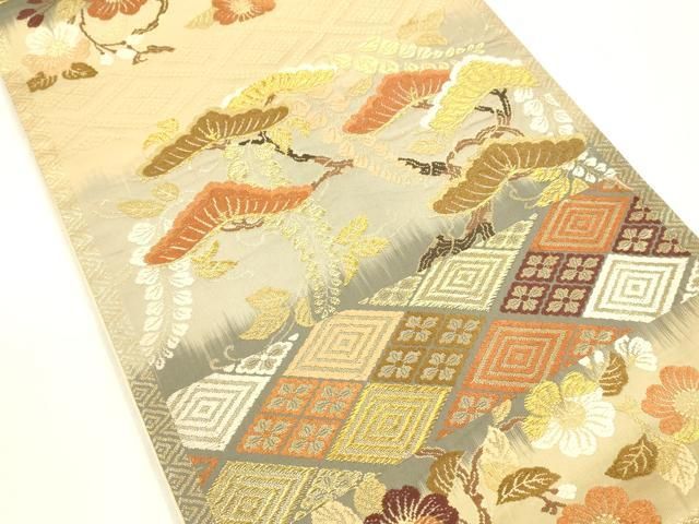 平和屋着物 六通柄袋帯 唐織 枝花松文 金糸 正絹 cm