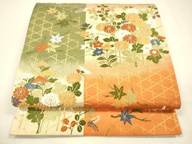 平和屋着物 六通柄袋帯 唐織 草花文 金糸 正絹 cm