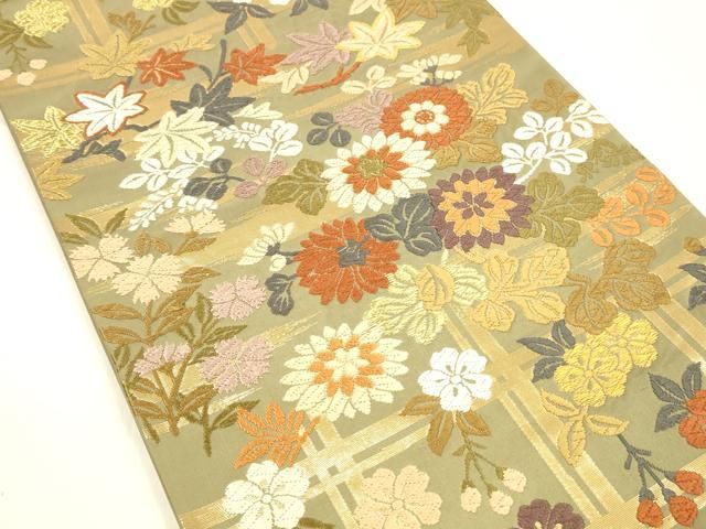 平和屋着物 六通柄袋帯 能衣唐織 格子秋草桜文 金糸 正絹 cm