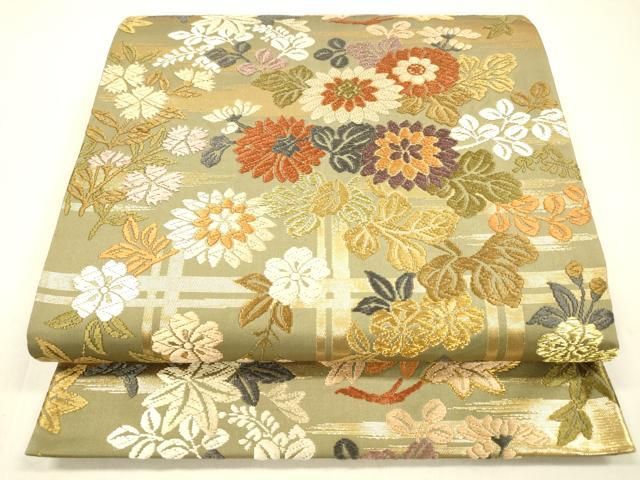 平和屋着物 六通柄袋帯 能衣唐織 格子秋草桜文 金糸 正絹 cm