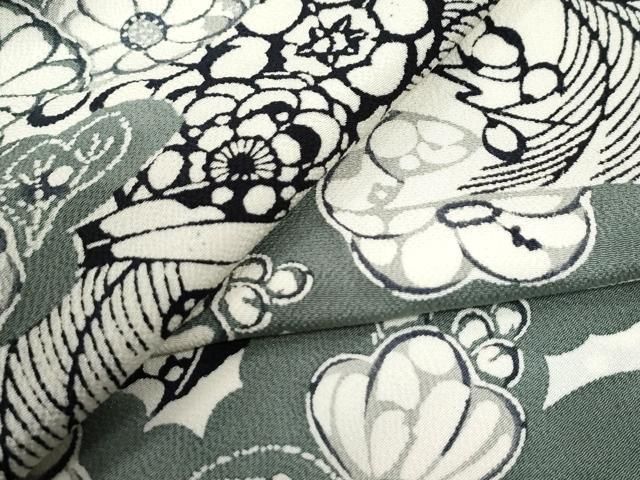 平和屋着物 上質な小紋 型染め 竜田川草花文 鬼しぼ縮緬 正絹 yc
