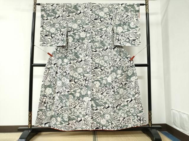 平和屋着物 上質な小紋 型染め 竜田川草花文 鬼しぼ縮緬 正絹 yc