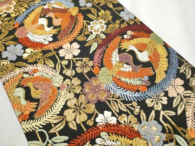 平和屋着物 六通柄袋帯 唐織 鳳凰枝垂れ桜文 黒地 金糸 正絹 hy