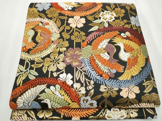 平和屋着物 六通柄袋帯 唐織 鳳凰枝垂れ桜文 黒地 金糸 正絹 hy