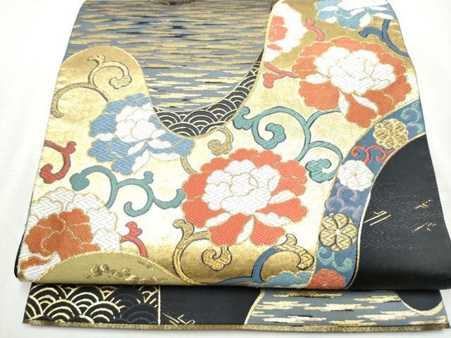 平和屋着物 西陣 六通柄袋帯 国風錦 黒地 本金箔 証紙付き 正絹 hy