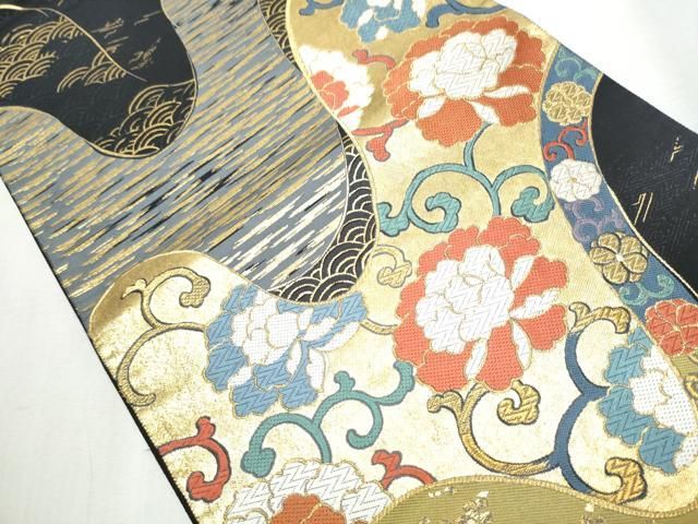 平和屋着物 西陣 六通柄袋帯 国風錦 黒地 本金箔 証紙付き 正絹 hy