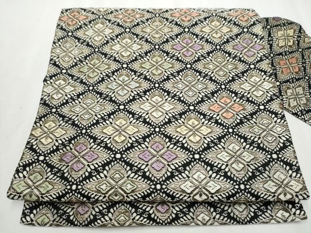 平和屋着物 九寸名古屋帯 唐織 菱花文 黒地 金糸 正絹 hy