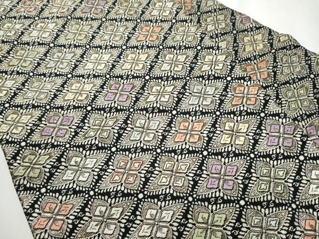 平和屋着物 九寸名古屋帯 唐織 菱花文 黒地 金糸 正絹 hy