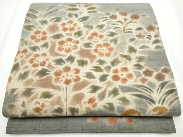 平和屋着物 内田陽一郎 太鼓柄袋帯 紬地 枝花文 正絹 hy