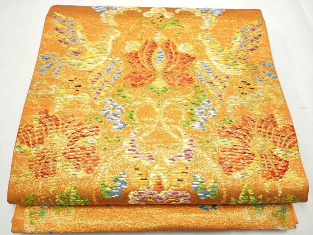 平和屋着物 六通柄 本袋帯 向かい鳥花文 金糸 正絹 hy