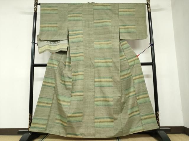 平和屋着物 本まわた紬 草木染 変わり格子文 反端付き 正絹 ud