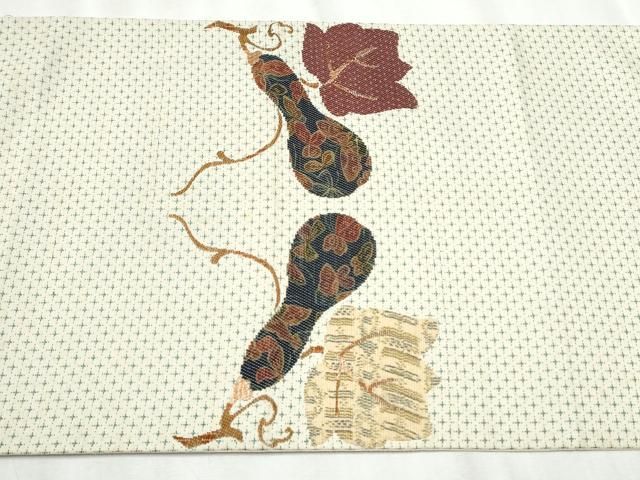  平和屋着物 宮脇綾子 太鼓柄袋帯 瓢箪蔦の葉文 金糸 正絹 hy 袋帯 帯