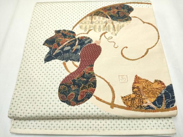 平和屋着物 宮脇綾子 太鼓柄袋帯 瓢箪蔦の葉文 金糸 正絹 hy