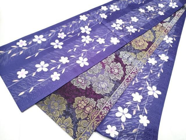 平和屋着物 両面 全通柄袋帯 枝垂れ桜文 銀通し地 正絹 hy