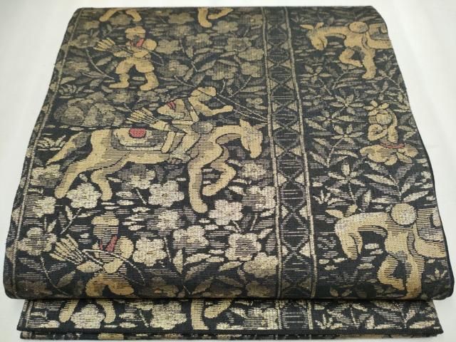 平和屋着物 六通柄袋帯 紬地 狩猟文 金糸 正絹 hy