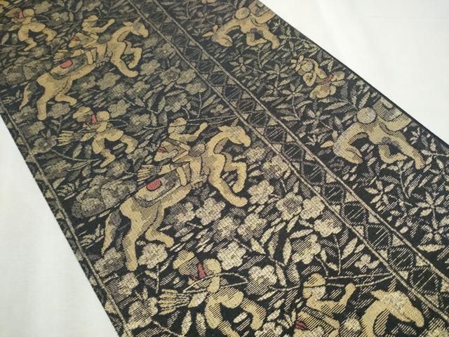 平和屋着物 六通柄袋帯 紬地 狩猟文 金糸 正絹 hy