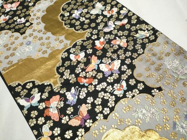 平和屋着物 六通柄袋帯 唐織 雲重ね花蝶文 黒地 金糸 正絹 hy