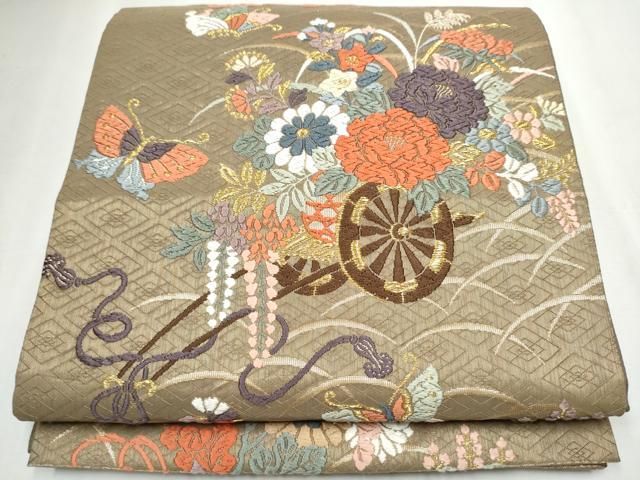 平和屋着物 六通柄袋帯 唐織 舞蝶花車文 金糸 正絹 hy