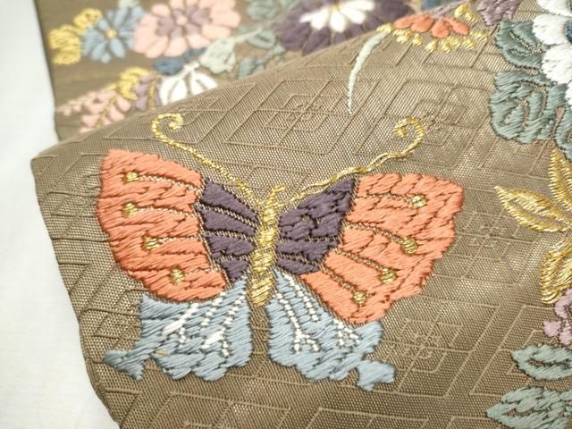  平和屋着物 六通柄袋帯 唐織 舞蝶花車文 金糸 正絹 hy 袋帯 帯