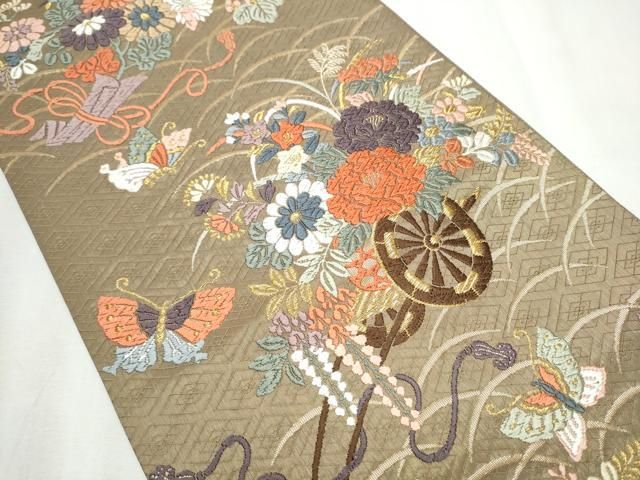 平和屋着物 六通柄袋帯 唐織 舞蝶花車文 金糸 正絹 hy