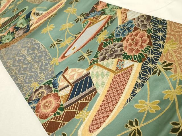平和屋着物 西陣 白綾苑大庭 六通柄袋帯 唐織 渡船 草花文 金糸 正絹 dy