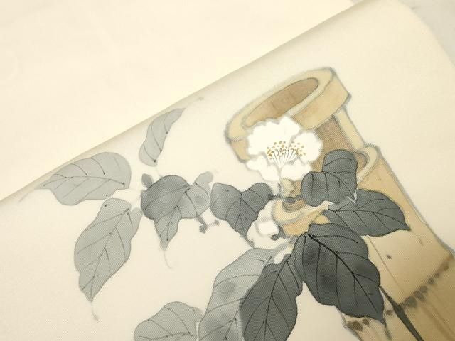 平和屋着物○塩瀬 九寸開き名古屋帯 手描き 草花文 正絹 逸品