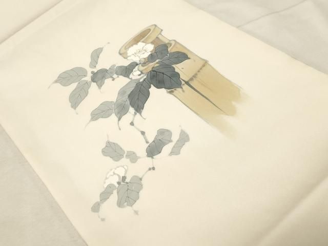 平和屋着物 塩瀬 九寸開き名古屋帯 手描き 草花文 正絹 dy