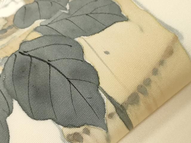 平和屋着物○塩瀬 九寸開き名古屋帯 手描き 草花文 正絹 逸品
