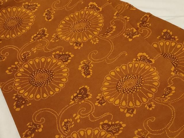 平和屋着物 九寸名古屋帯 型染め 花唐草文 正絹 dy