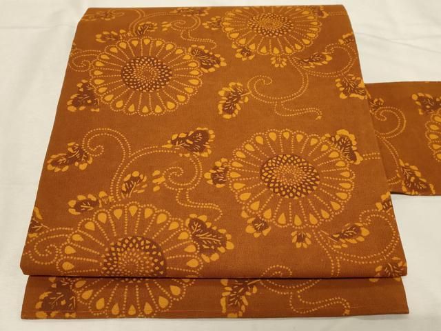 平和屋着物 九寸名古屋帯 型染め 花唐草文 正絹 dy