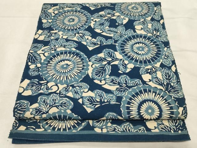 平和屋着物 八寸名古屋帯 紬地 藍 型染め 草花文 綿 dy