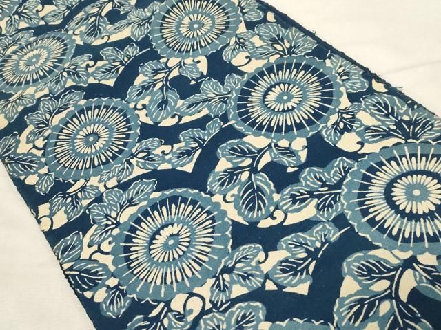 平和屋着物 八寸名古屋帯 紬地 藍 型染め 草花文 綿 dy