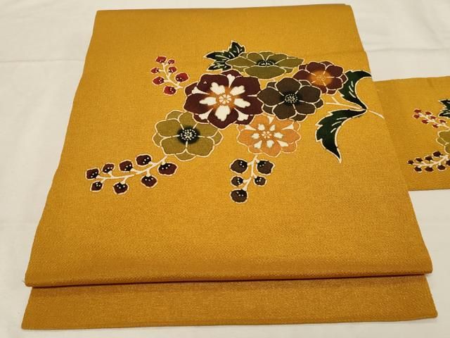 平和屋着物 九寸名古屋帯 型染め 草花文 金彩 鬼しぼ縮緬 正絹 dy