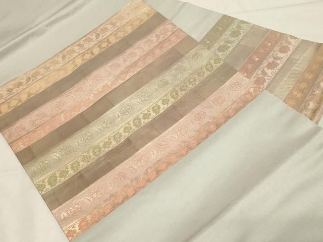 平和屋着物 九寸名古屋帯 横段草花文 金糸 正絹 dy