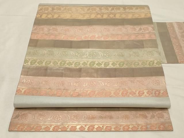 平和屋着物 九寸名古屋帯 横段草花文 金糸 正絹 dy