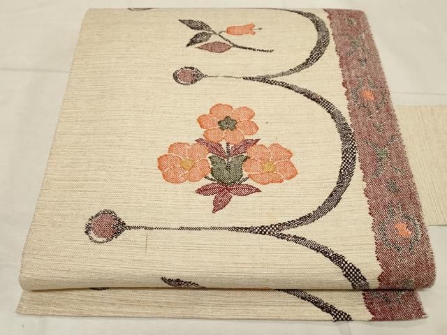 平和屋着物 八寸名古屋帯 紬地 草花文 名古屋仕立て 正絹 dy