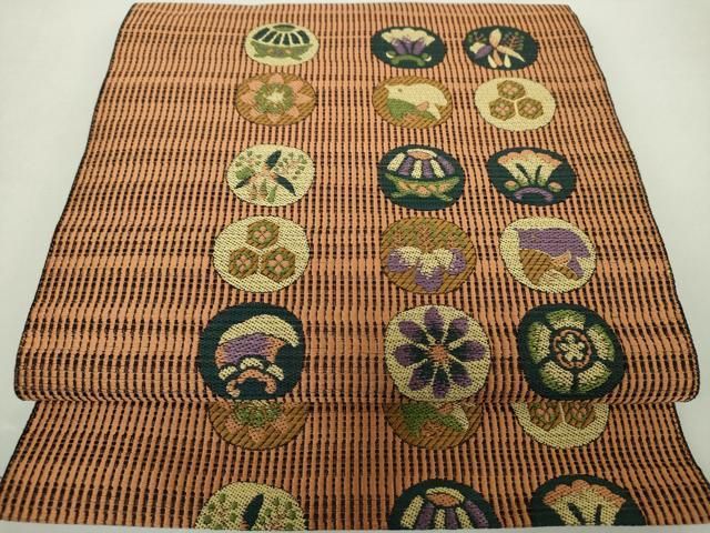 平和屋着物 本場筑前博多織 八寸名古屋帯 花鳥丸文 共 き 正絹 ps