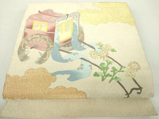 平和屋着物 綴錦織元 安田織鴻 爪掻き本綴れ 八寸名古屋帯 御所車花文 金銀糸 たとう紙 共 き 正絹 ps