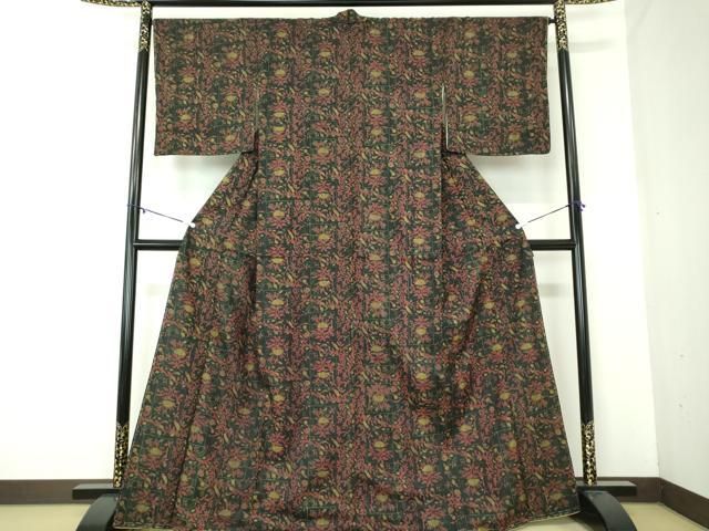 平和屋着物 上質な小紋 紬地 更紗花文 黒地 正絹 ps