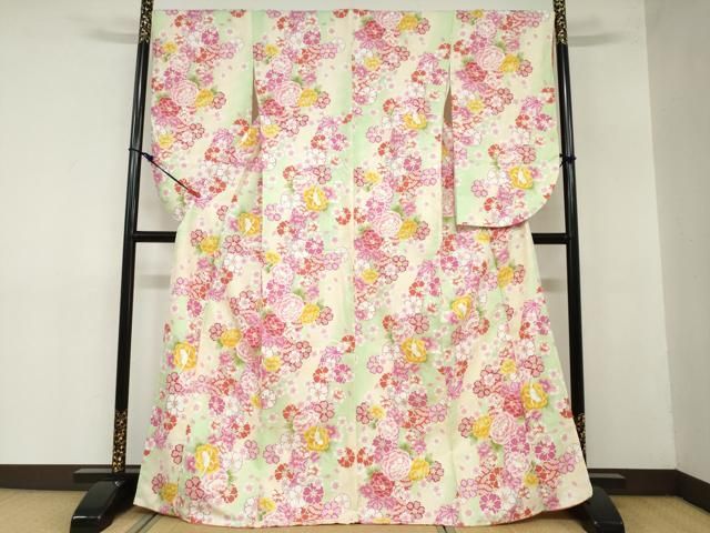 平和屋着物 H L アッシュエル HENRI-LUC CHAPUIS 小振袖 二尺袖 熨斗草花文 金彩 洗える着物 ud