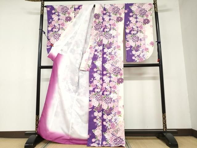 平和屋着物 H L アッシュエル HENRI-LUC CHAPUIS 小振袖 二尺袖 草花文 金彩 洗える着物 ud