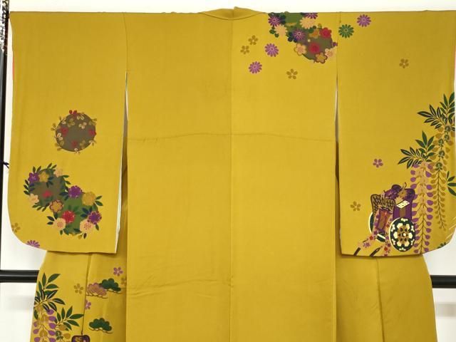 平和屋着物●小振袖　二尺袖　熨斗草花文　金彩　洗える着物　DAAW5692ud 平和屋着物○小振袖 二尺袖 流水御所車草花文 金彩 正絹 逸品