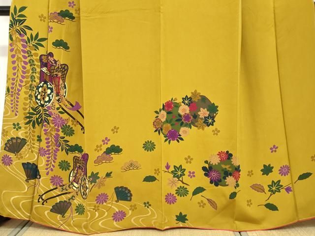 平和屋着物○小振袖 二尺袖 流水御所車草花文 金彩 正絹 逸品