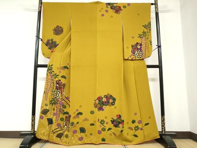 平和屋着物○小振袖 二尺袖 流水御所車草花文 金彩 正絹 逸品