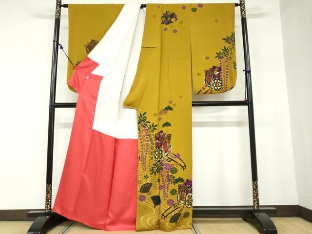 平和屋着物 小振袖 二尺袖 流水御所車草花文 金彩 正絹 ud