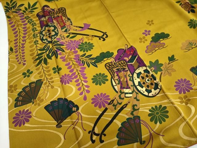 平和屋着物○小振袖 二尺袖 流水御所車草花文 金彩 正絹 逸品