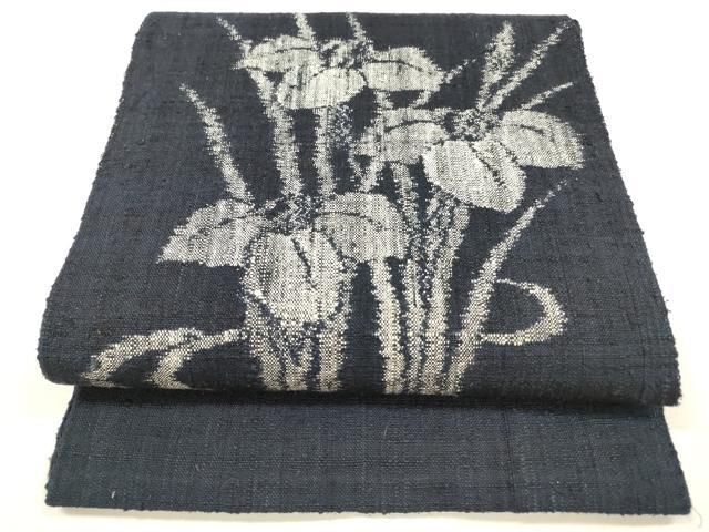 平和屋着物 八寸名古屋帯 紬地 流水杜若 正絹 cm