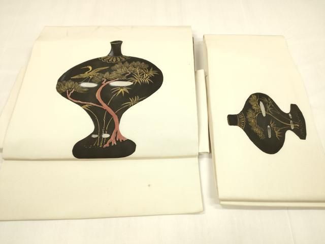 平和屋着物 塩瀬 つけ帯 器物飛鶴松文 金彩 正絹 cm